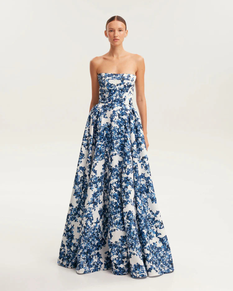 Damen Elegantes Blütenmuster-Maxikleid mit schulterfreiem Design EB