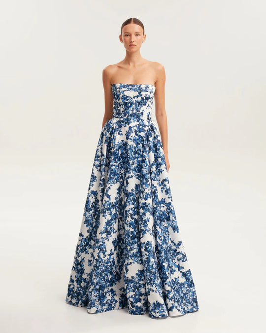 Damen Elegantes Blütenmuster-Maxikleid mit schulterfreiem Design EB