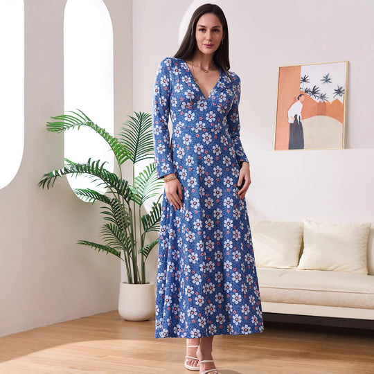 Damen Maxi-Kleid mit schmeichelndem V-Ausschnitt und floralen Details EB