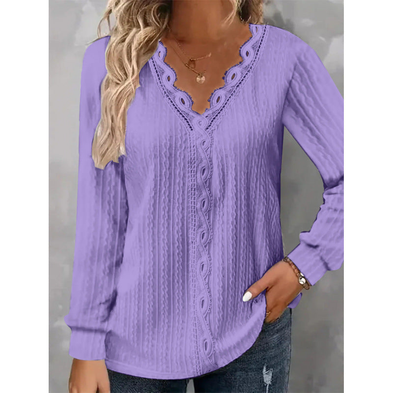 Damen Langarm Bluse mit eleganten Spitzenakzenten und strukturiertem Design EB