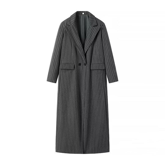 Damen eleganter gestreifter Langblazer mit doppelter Knopfleiste und seitlichen Taschen EB
