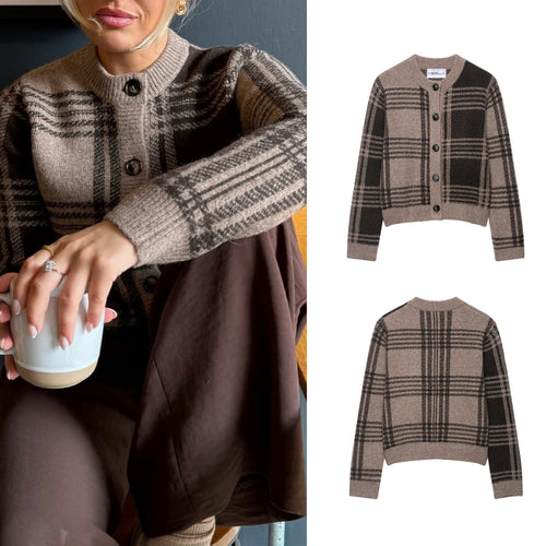 Damen lässige Karostrickjacke mit Knopfverschluss EB
