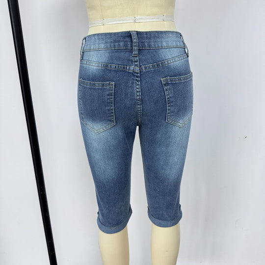 Damen Modische Destroyed Denim-Shorts mit Hohem Bund und Aufgerissenen Details EB