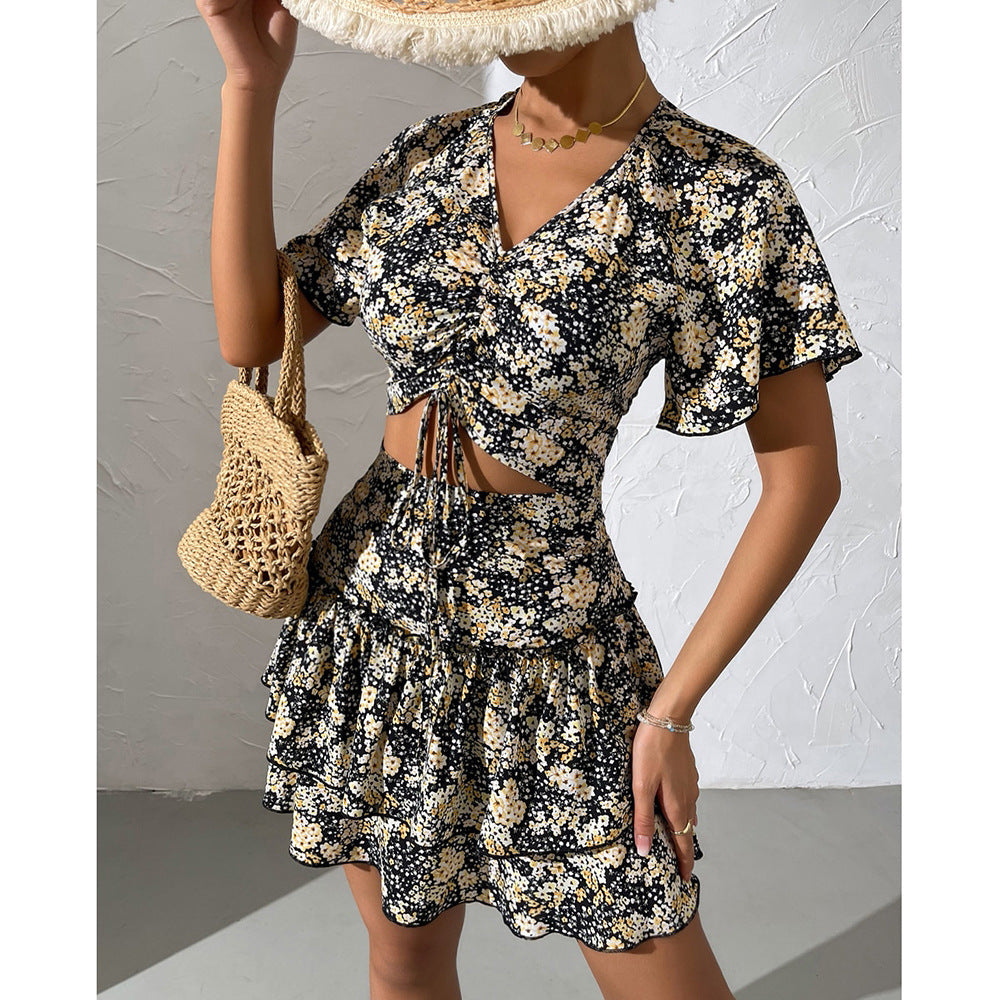 Damen Blumiges Mini-Kleid mit Raffungen und Rüschendetails EB