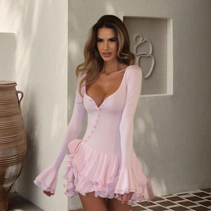 Damen Verspieltes Mini-Kleid mit Rüschen und tiefem V-Ausschnitt EB