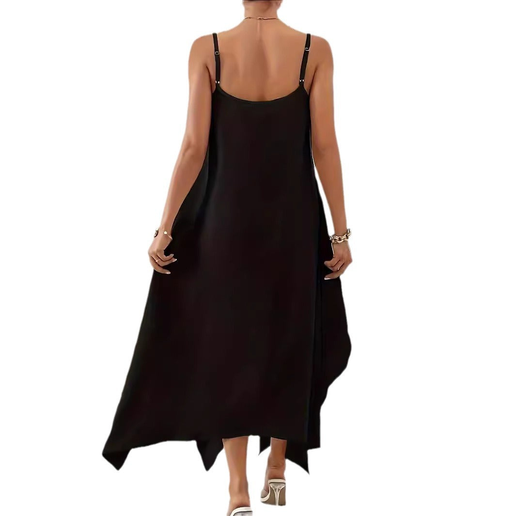 Damen luftiges Maxikleid mit asymmetrischem Saum und feinen Spaghettiträgern EB