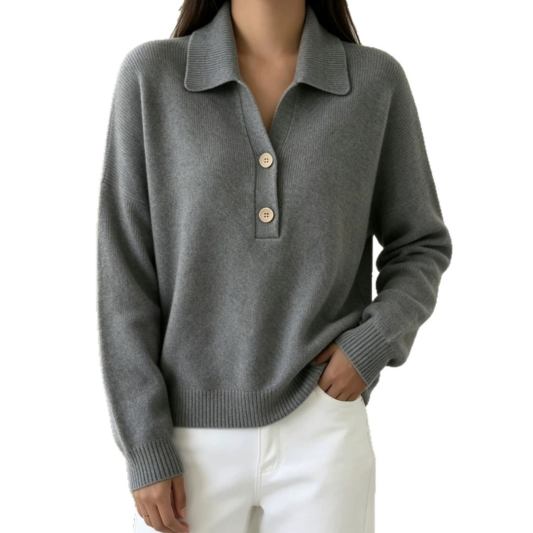 Damen Polokragen-Pullover mit halber Knopfleiste und geripptem Saum EB