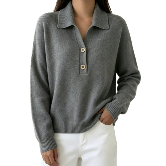 Damen Polokragen-Pullover mit halber Knopfleiste und geripptem Saum EB