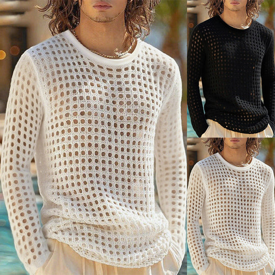 Herren nan luftiger durchbrochener Strickpullover mit quadratischem Netzmuster und Rundhalsausschnitt EB