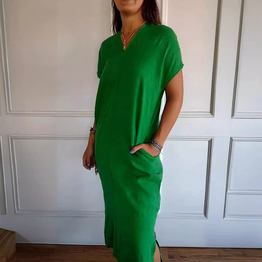 Damen Viskose-Leinen Kleid mit tiefem V-Ausschnitt und praktischen Taschen EB