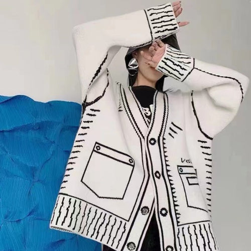 Damen Oversized Strickjacke mit kreativem Design und großen Knöpfen EB