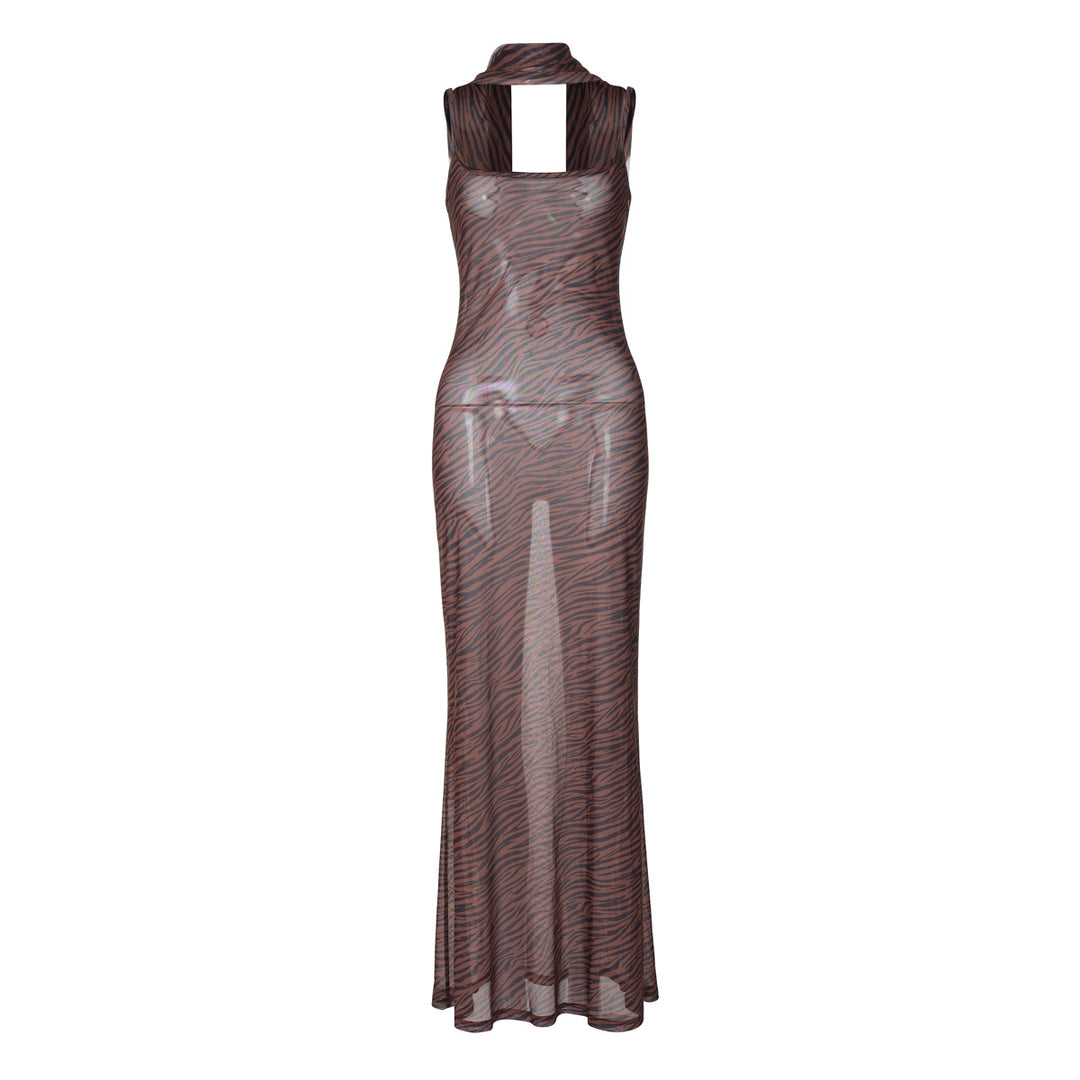 Damen Transparente Maxikleid mit tierischem Muster und verstellbaren Trägern EB