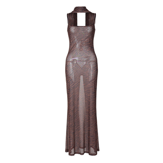 Damen Transparente Maxikleid mit tierischem Muster und verstellbaren Trägern EB