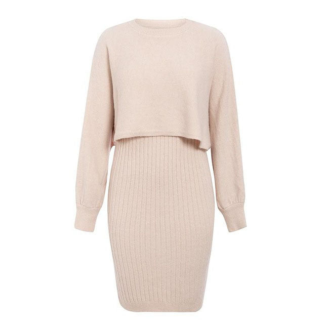 Damen gestricktes Midi-Kleid mit lässigem Cropped-Pullover-Oberteil und Rippenstruktur EB