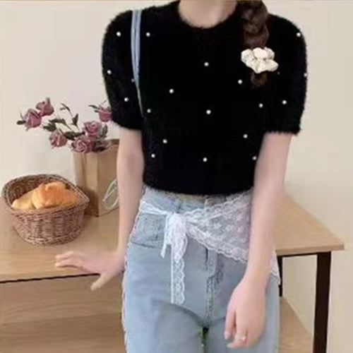 Damen cropped Pullover mit zarten Perlen EB