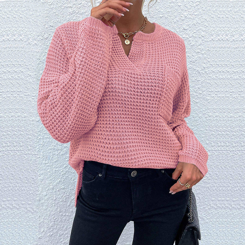 Damen lässiger Strickpullover mit V-Ausschnitt und strukturierter Oberfläche EB