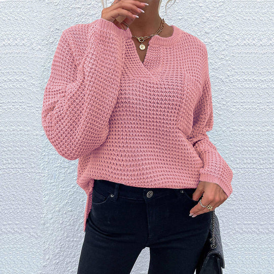 Damen lässiger Strickpullover mit V-Ausschnitt und strukturierter Oberfläche EB