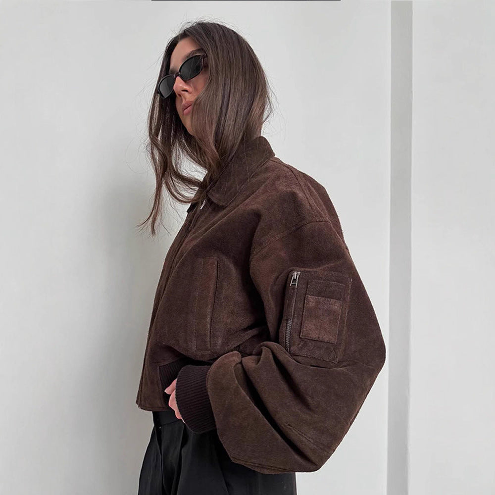Damen Oversized Wildlederjacke mit gepolsterten Ärmeln EB