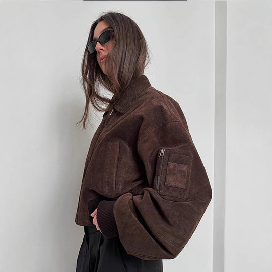 Damen Oversized Wildlederjacke mit gepolsterten Ärmeln EB