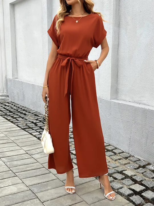 Damen Eleganter Jumpsuit mit weitem Bein und Taillenknoten EB