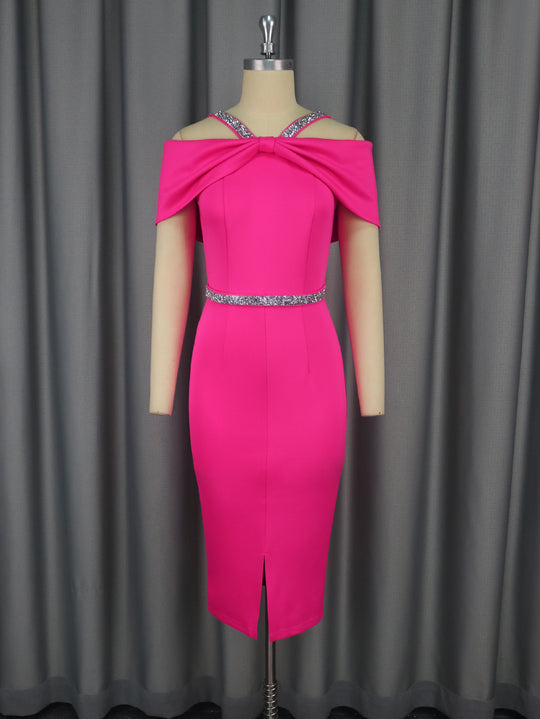 Damen elegantes schulterfreies Midi-Kleid mit funkelndem Taillengürtel EB