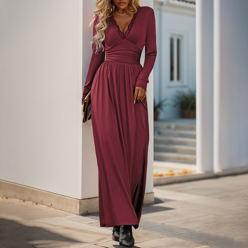 Damen Maxikleid mit tiefem V-Ausschnitt und eleganter Raffung EB