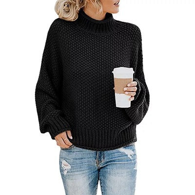 Damen Grobstrick Pullover mit Stehkragen und voluminösen Ärmeln EB