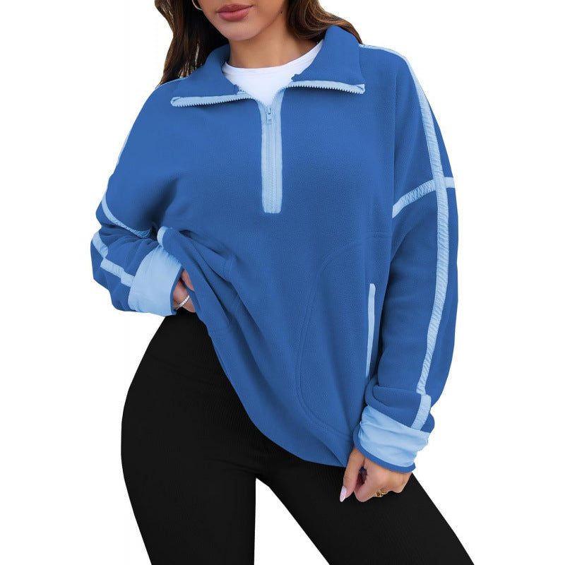 Damen Fleecpullover mit halbem Reißverschluss und kontrastierenden Ärmeln EB