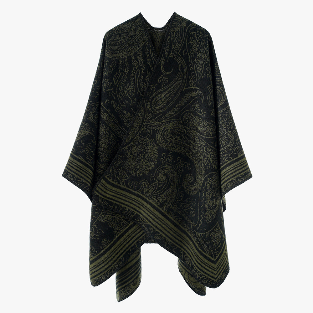 Damen Jacquard-Poncho im Ruana-Schnitt mit Paisley-Muster und breiter Bordüre EB