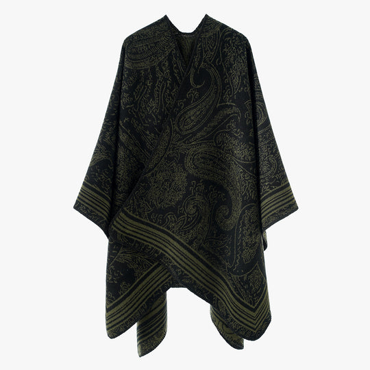 Damen Jacquard-Poncho im Ruana-Schnitt mit Paisley-Muster und breiter Bordüre EB