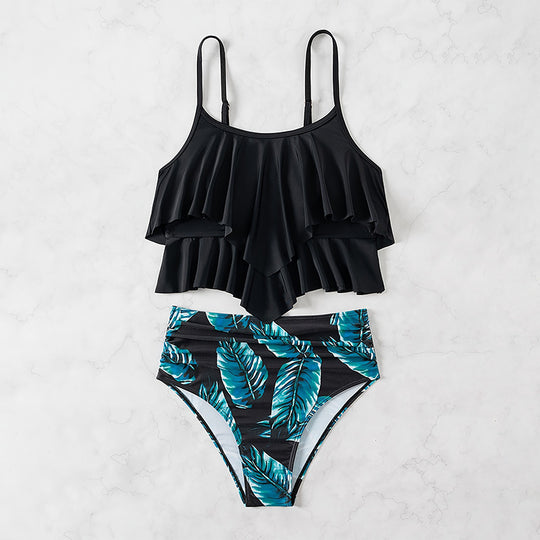 Damen Bikini-Set mit elegantem Volant-Oberteil und hochgeschnittenem Unterteil EB