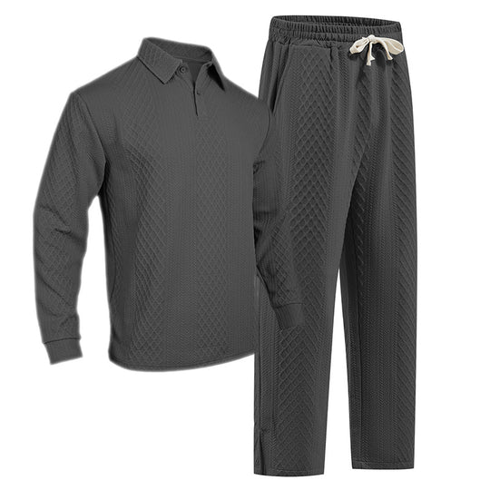 Herren nan Jacquard-Strickset mit Polokragen, legerer Passform und gerader Hose EB