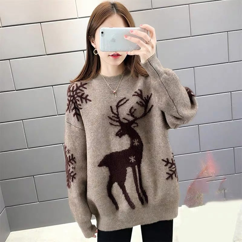 Damen Gemusterter Strickpullover mit Rentier-Jacquard, Rundhalsausschnitt und geripptem Saum EB