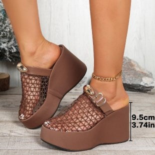 Damen Plateau-Pantoletten mit Netzdesign und Glitzerakzenten EB