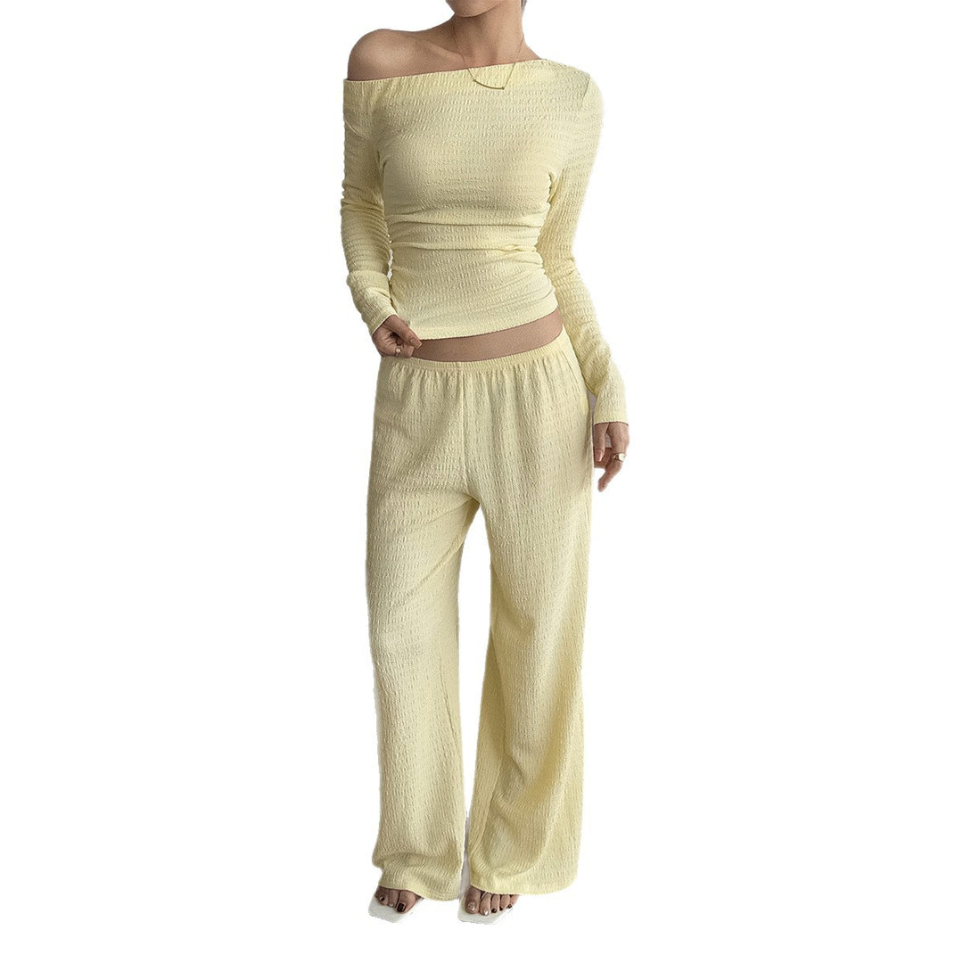 Damen nan legeres Crinkle-Lounge-Set mit Off-Shoulder Crop-Top und weiten High-Waist Palazzohose EB