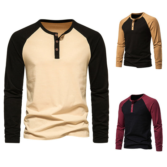 Herren Langarm-Henley-Shirt mit kontrastierenden Ärmel und modischem Knopfdesign EB