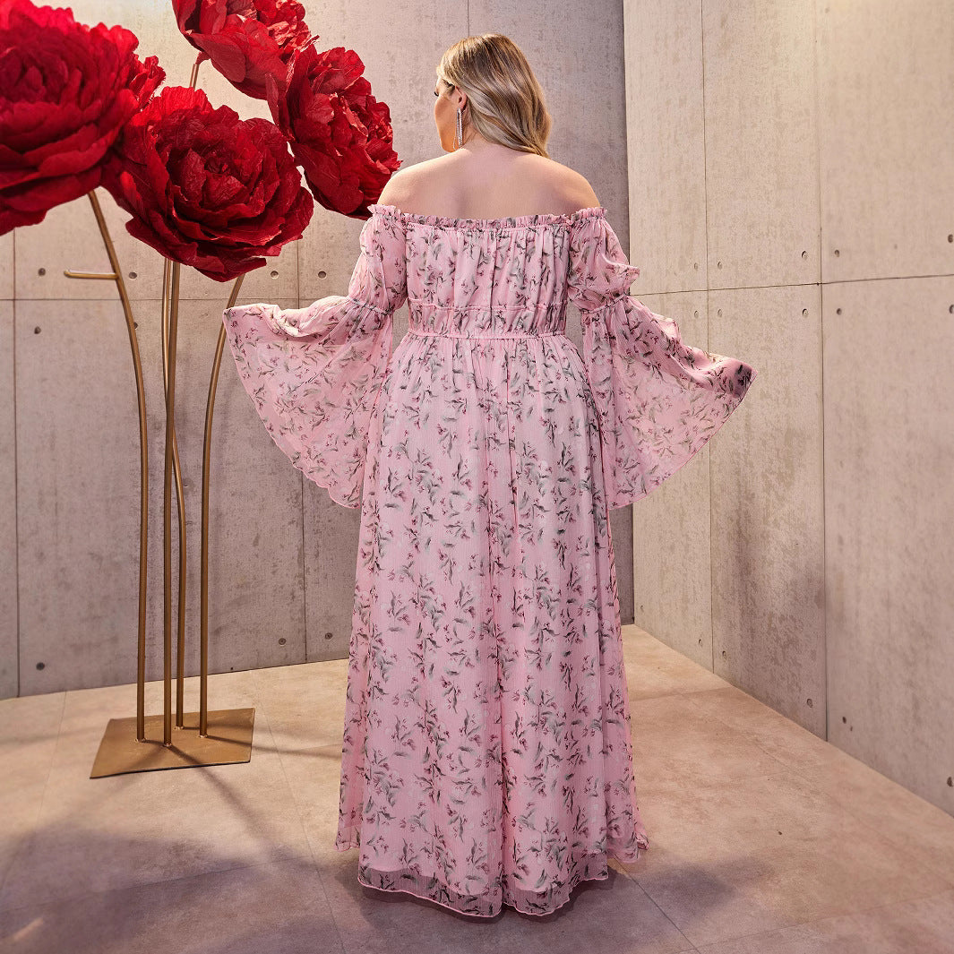 Damen Maxikleid mit schulterfreiem Design und floralen Akzenten EB