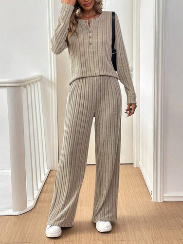 Damen Lässiges Lounge-Set mit strukturiertem Rippenmuster und Knopfdetail EB