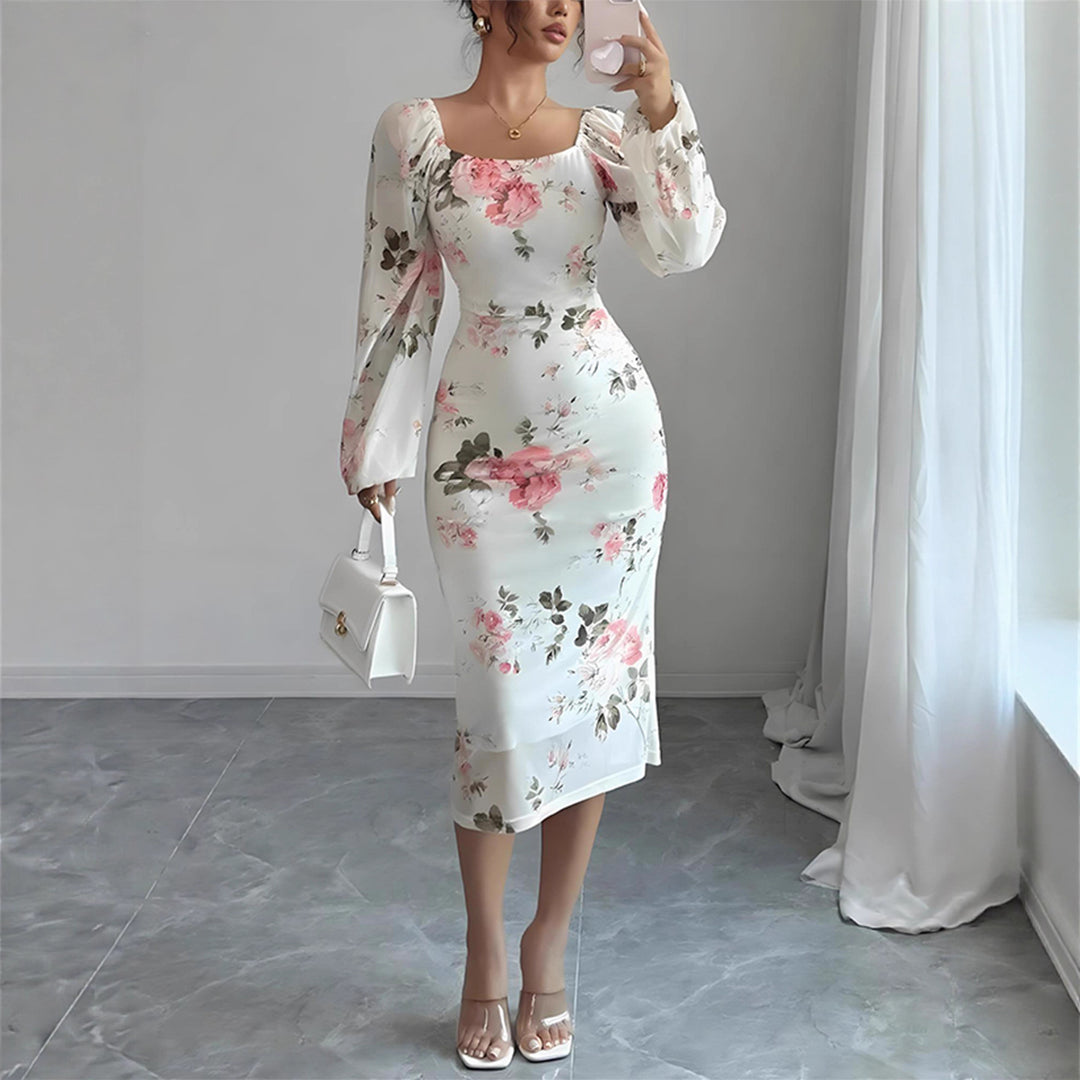 Damen Tailliertes Midikleid mit quadratischem Ausschnitt, Ballonärmeln und floralem Stretchjersey EB