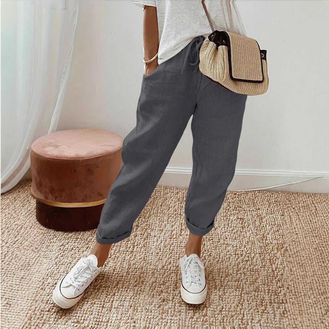 Damen Lässige Leinen-Hose mit elastischem Bund und praktischen Taschen EB