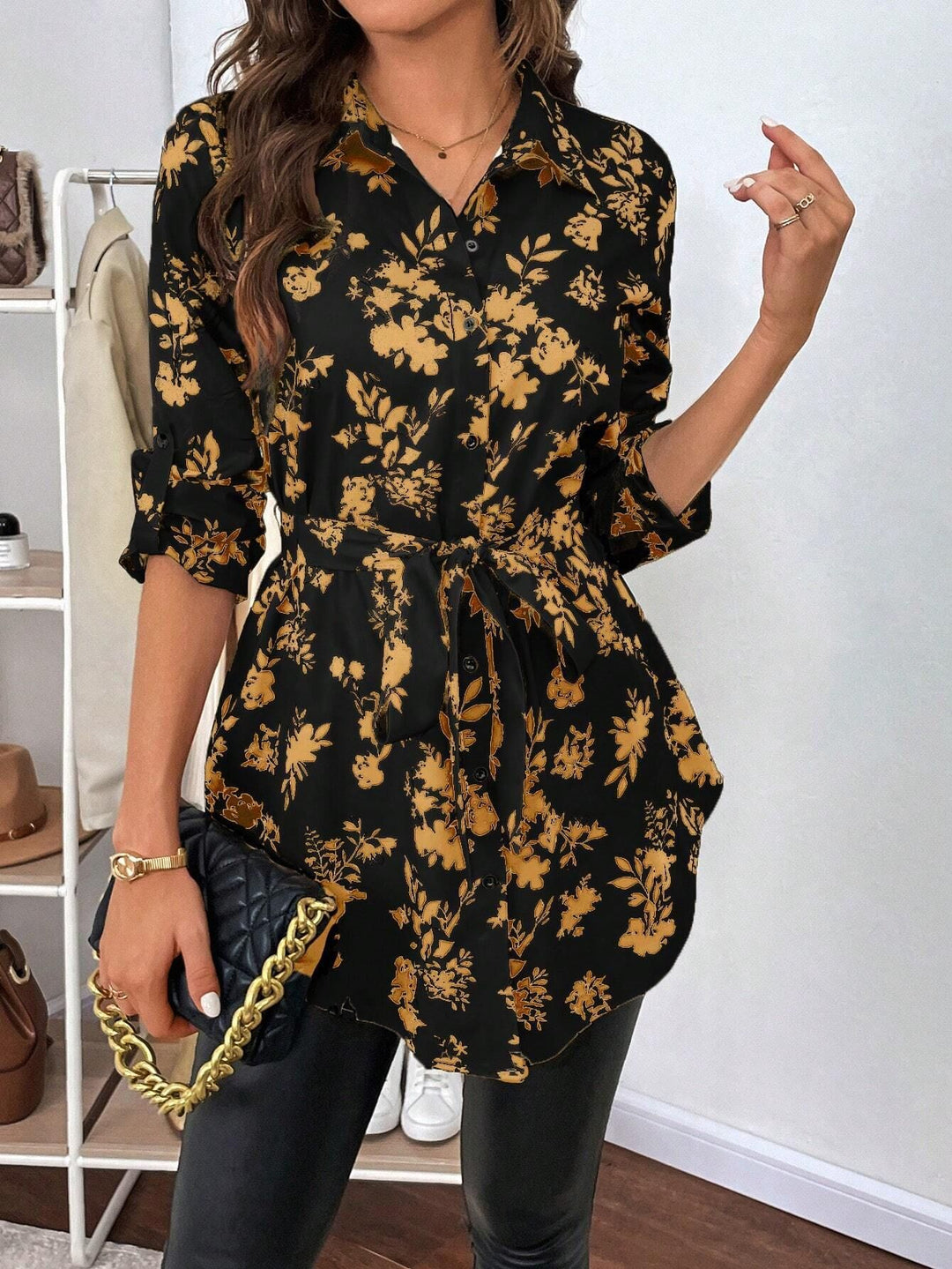 Damen lässige Bluse mit floralem Muster und Taillenknoten EB