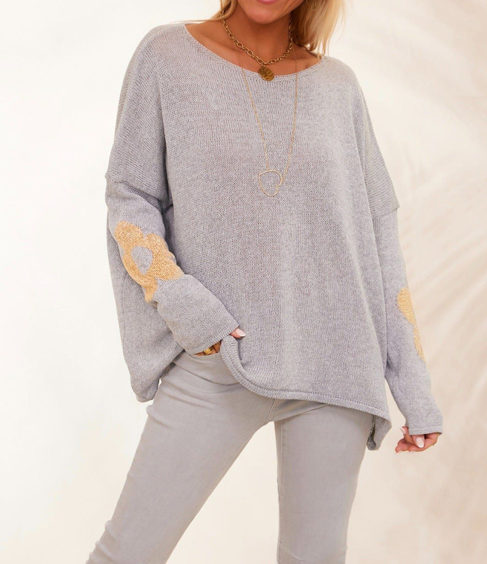 Damen grob gestrickter Pullover mit floralem Design und weitem Schnitt EB