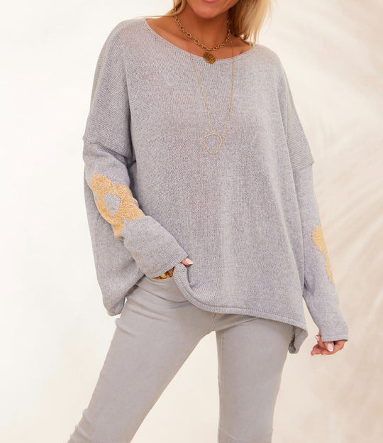 Damen grob gestrickter Pullover mit floralem Design und weitem Schnitt EB