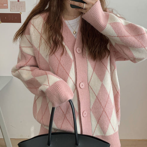 Damen lässige Strickjacke mit Rautenmuster und großen Knöpfen EB