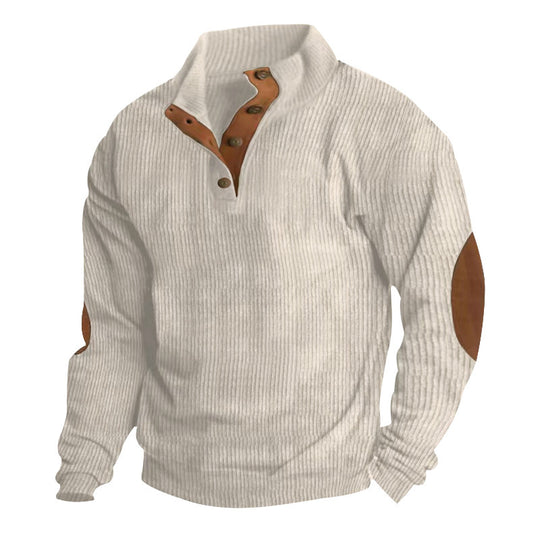 Herren Gerippter Henley-Pullover mit Stehkragen, Knopfleiste & Leder-Ellbogenpatches EB