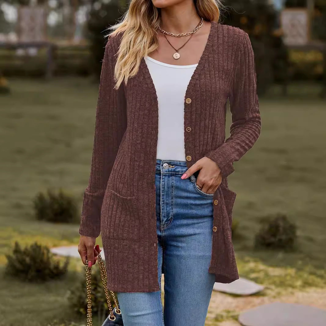 Damen nan langer gerippter Strickcardigan mit Eingrifftaschen und Holzknöpfen EB