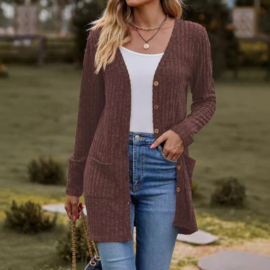 Damen nan langer gerippter Strickcardigan mit Eingrifftaschen und Holzknöpfen EB