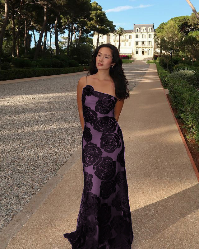 Damen elegant geschnittenes Abendkleid mit floralem Muster und raffinierten Details EB