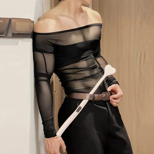 Damen nan transparentes Netz-Langarm-Oberteil mit blickdichtem Brustband und weitem Rundhalsausschnitt EB