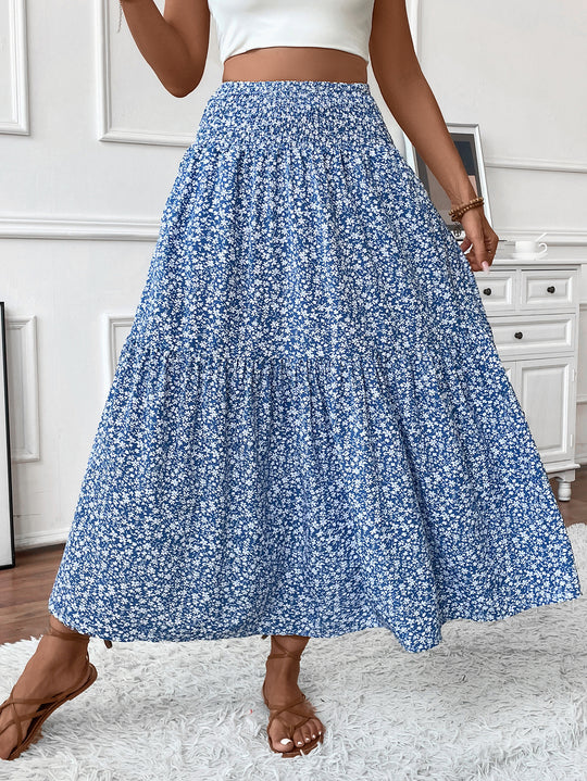 Damen Langer Rock mit floralem Print und elastischem Bund Heidi Mode